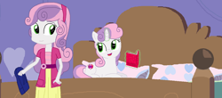 Size: 1600x706 | Tagged: safe, artist:thomaszoey3000, sweetie belle, unicorn, fanfic:sweetie belle's big adventure, equestria girls, g4, backpack, bedroom, book, clothes, diary, duo, headband, horn, levitation, magic, pillow, self paradox, self ponidox, telekinesis