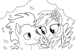 Size: 2139x1395 | Tagged: safe, artist:pinky cloudy, rainbow dash, soarin', pegasus, pony, g4, duo, duo male and female, female, flower, flower in hair, male, mare, movie accurate, ship:soarindash, shipping, simple background, sketch, stallion, straight, white background, wings