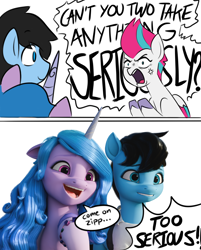 Size: 1578x1958 | Tagged: safe, artist:makaryo, izzy moonbow, zipp storm, oc, oc:makaroni, earth pony, pegasus, unicorn, g5, 3d, angry, comic, horn, meme, open mouth, serious, serious face, speech bubble, too serious, yelling