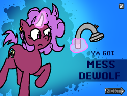 Size: 554x419 | Tagged: safe, artist:ybkathan, oc, oc only, oc:dewulf, pony, unicorn, banned from equestria daily, flashlight (object), gradient background, horn, magic, solo, text, ya got