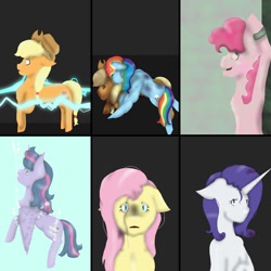 Size: 1200x1200 | Tagged: safe, artist:royal-snowflake, applejack, fluttershy, pinkie pie, rainbow dash, rarity, twilight sparkle, fanfic:the friendship test, g4, 2023, bondage, death, electricity, fanfic art, floppy ears, group, unsexy bondage, water