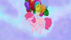 Size: 3840x2160 | Tagged: safe, artist:klio, pinkie pie, g4, album: colors of life, balloon, flying, happy, sky, solo