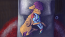 Size: 3840x2160 | Tagged: safe, artist:klio, rainbow dash, scootaloo, g4, album: colors of life, bed, bedroom, hug, plushie, sleeping