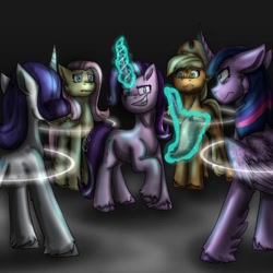 Size: 720x720 | Tagged: safe, artist:erinh18, applejack, fluttershy, rarity, starlight glimmer, twilight sparkle, alicorn, earth pony, pegasus, pony, unicorn, fanfic:the friendship test, g4, 2024, fanfic art, floppy ears, frown, group, horn, looking at you, magic, scroll, smiling, smiling at you, telekinesis