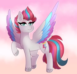 Size: 2434x2357 | Tagged: safe, artist:emera33, zipp storm, pegasus, pony, g5, colored wings, female, looking at you, mare, multicolored wings, raised hoof, solo, spread wings, wings