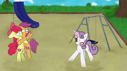 Size: 3840x2160 | Tagged: safe, artist:klio, artist:mashee, apple bloom, scootaloo, sweetie belle, robot, g4, album: colors of life, playground, scared, shocked, sweetie bot