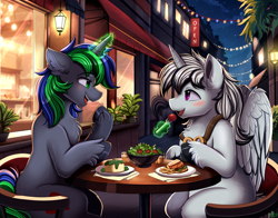 Size: 3633x2849 | Tagged: safe, artist:pridark, alicorn, pony, unicorn, dinner, horn, magic, night, restaurant, sitting, table, vegetables