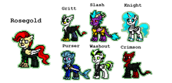 Size: 1284x624 | Tagged: safe, artist:veprem, oc, oc:crimson bloodfeather, oc:gritt, oc:knight, oc:purser, oc:rosegold, oc:slash, oc:washout, cyborg, dragon, griffon, hippogriff, pegasus, pony, robot, robot pony, ashes town, fallout equestria, pony town, amputee, armor, artificial alicorn, clothes, dragon oc, griffon oc, hippogriff oc, missing eye, non-pony oc, pegasus oc, pipbuck, pixel art, prosthetic limb, prosthetics, seadog, sprite, sword, weapon