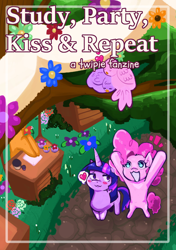 Size: 1748x2480 | Tagged: artist needed, safe, pinkie pie, twilight sparkle, bird, earth pony, pony, unicorn, g4, bipedal, blushing, duo, female, lesbian, mare, ship:twinkie, shipping, speech bubble, unicorn twilight, zine, zine:study party kiss & repeat