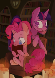 Size: 1748x2480 | Tagged: safe, artist:knyfe_manor, pinkie pie, twilight sparkle, earth pony, pony, g4, armchair, book, bookshelf, candle, chair, duo, female, lesbian, mare, reading, ship:twinkie, shipping, sitting, zine:study party kiss & repeat