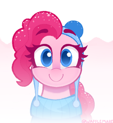 Size: 456x497 | Tagged: safe, artist:waffletheheadmare, pinkie pie, earth pony, g4, cap, clothes, female, hat, headwear, looking at you, mare, simple background, smiling, smiling at you, snow, snowfall, snowflake, winter