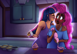 Size: 2894x2039 | Tagged: safe, artist:vickycreator1, pinkie pie, twilight sparkle, human, g4, blushing, cheek kiss, clothes, cooking, cupcake, dark skin, dress, duo, female, food, frosting, humanized, icing bag, kissing, lesbian, ship:twinkie, shipping, zine:study party kiss & repeat