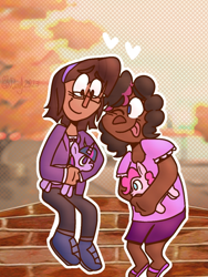 Size: 768x1024 | Tagged: safe, artist:scrunchmew, pinkie pie, twilight sparkle, human, g4, dark skin, duo, female, floating heart, glasses, hairband, heart, humanized, lesbian, plushie, ship:twinkie, shipping, tongue out, zine:study party kiss & repeat