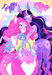 Size: 2328x3304 | Tagged: safe, artist:dreamaruu, pinkie pie, twilight sparkle, centaur, earth pony, pony, unicorn, taur, g4, clothes, duo, female, hug, lesbian, ship:twinkie, shipping, unicorn twilight, zine:study party kiss & repeat