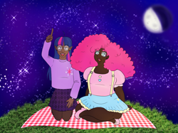 Size: 2732x2048 | Tagged: safe, artist:fru1tsnack, pinkie pie, twilight sparkle, human, g4, clothes, dark skin, duo, ear piercing, earring, elf ears, female, glasses, humanized, jewelry, lesbian, moon, night, picnic, picnic blanket, piercing, pointing, ship:twinkie, shipping, sitting, skirt, stargazing, starry eyes, stars, suspenders, wingding eyes, zine:study party kiss & repeat