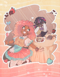 Size: 2793x3614 | Tagged: safe, artist:blueofthesunset, pinkie pie, twilight sparkle, human, g4, book, crêpe, dark skin, duo, female, food, glasses, humanized, lesbian, ship:twinkie, shipping, zine:study party kiss & repeat