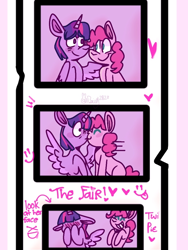 Size: 768x1024 | Tagged: safe, artist:scrunchmew, pinkie pie, twilight sparkle, alicorn, earth pony, pony, g4, blushing, covering face, duo, embarrassed, female, film reel, kiss on the lips, kissing, lesbian, mare, ship:twinkie, shipping, surprise kiss, twilight sparkle (alicorn), zine:study party kiss & repeat