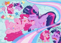 Size: 2480x1748 | Tagged: safe, artist:fangedcreeture, pinkie pie, twilight sparkle, alicorn, earth pony, pony, zine:study party kiss & repeat, g4, >.<, ><, candy, cloud, duo, duo female, eyebrows, eyebrows visible through hair, eyes closed, female, folded wings, food, heart, horn, lesbian, lollipop, lying down, mare, on back, one eye closed, open mouth, pride, pride flag, ship:twinkie, shipping, signature, suddenly hands, tongue out, transgender pride flag, twilight sparkle (alicorn), underhoof, unshorn fetlocks, wings, wink