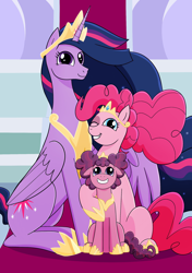 Size: 1748x2480 | Tagged: safe, artist:lady_kimba, pinkie pie, twilight sparkle, oc, alicorn, earth pony, pony, g4, duo, female, foal, hoof shoes, jewelry, lesbian, magical lesbian spawn, mare, mother and child, offspring, older, older twilight, older twilight sparkle (alicorn), one eye closed, parent:pinkie pie, parent:twilight sparkle, parents:twinkie, peytral, regalia, ship:twinkie, shipping, sitting, throne room, twilight sparkle (alicorn), wink, zine:study party kiss & repeat