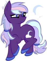 Size: 508x661 | Tagged: safe, artist:kharmacal, oc, oc only, oc:moonset, earth pony, pony, blue eyes, blue hooves, hair tie, looking back, multicolored hair, purple coat, rainbow hair, simple background, solo, standing on two hooves, transparent background, wingding eyes