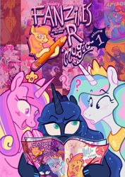 Size: 817x1155 | Tagged: safe, artist:regenko, princess cadance, princess celestia, princess luna, oc, alicorn, pony, g4, confused, eyebrows, eyebrows visible through hair, female, heart, heart eyes, jewelry, magazine, magazine cover, mare, pencil, peytral, question mark, reading, regalia, trio focus, wingding eyes, zine:fanzines r magic volume 1