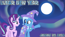 Size: 2063x1161 | Tagged: safe, artist:caliazian, artist:not-yet-a-brony, starlight glimmer, trixie, unicorn, g4, 2025, duo, female, horn, january, lunar new year, mare, moon, night