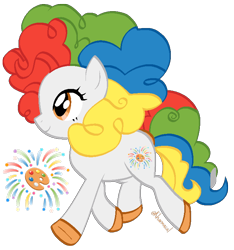 Size: 692x739 | Tagged: safe, artist:kharmacal, oc, oc only, oc:palette pop, earth pony, pony, afro, curly mane, multicolored hair, orange eyes, orange hooves, rainbow hair, show accurate, simple background, solo, transparent background, trotting, white coat