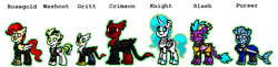 Size: 1635x399 | Tagged: safe, artist:veprem, oc, oc:crimson bloodfeather, oc:gritt, oc:knight, oc:purser, oc:rosegold, oc:slash, oc:washout, cyborg, dragon, griffon, hippogriff, pegasus, pony, robot, ashes town, fallout equestria, pony town, armor, artificial alicorn, clothes, dragon oc, griffon oc, hippogriff oc, missing eye, non-pony oc, pegasus oc, pipbuck, pixel art, prosthetics, seadog, sprite