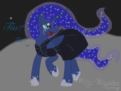 Size: 1024x768 | Tagged: safe, artist:cosmicartist-2000, princess luna, alicorn, pony, g4, clothes, crying, dress, female, implied princess celestia, mare, old art, on the moon, sad, scared, solo