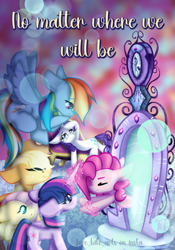 Size: 817x1169 | Tagged: safe, artist:love_bite_arts, applejack, fluttershy, pinkie pie, rainbow dash, rarity, twilight sparkle, alicorn, earth pony, pegasus, pony, unicorn, g4, crying, fainting couch, female, flying, horn, magic, magic mirror, makeup, mane six, mare, portal, pulling, running makeup, telekinesis, twilight sparkle (alicorn), zine:fanzines r magic volume 1