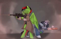 Size: 1920x1244 | Tagged: safe, artist:okimi, oc, oc:lightning weather, oc:moonheart, fallout equestria, gun, magic, rifle, sniper rifle, telekinesis, weapon