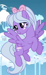 Size: 1220x1966 | Tagged: safe, artist:cstrawberrymilk, oc, oc only, oc:lavender skies, pegasus, pony, bow, cloudsdale, eyeshadow, female, flying, hair bow, makeup, mare, not flitter, purple eyes, purple eyeshadow, sky, smiling, solo, turned head