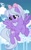 Size: 1220x1966 | Tagged: safe, artist:cstrawberrymilk, oc, oc only, oc:lavender skies (cstrawberrymilk), pegasus, pony, base used, blue sky, bow, cloudsdale, day, eyelashes, eyeshadow, female, female oc, flying, hair accessory, hair bow, looking up, makeup, mare, mare oc, not flitter, outdoors, pink bow, purple coat, purple eyes, purple eyeshadow, screencap background, show accurate, sky, smiling, solo, spread wings, tail, tail accessory, tail scrunchie, three quarter view, tied tail, turned head, wings