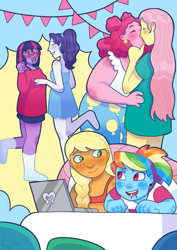 Size: 817x1155 | Tagged: safe, artist:m1ss_fr0ggie, applejack, fluttershy, pinkie pie, rainbow dash, rarity, twilight sparkle, human, equestria girls, g4, blushing, computer, ear piercing, earring, female, glasses, jewelry, kiss on the lips, kissing, laptop computer, lesbian, lip piercing, looking at each other, looking at someone, mane six, piercing, ship:appledash, ship:flutterpie, ship:rarilight, shipping, snake bites, zine:fanzines r magic volume 1