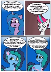 Size: 1131x1600 | Tagged: safe, artist:delilah1_riley, izzy moonbow, misty brightdawn, zipp storm, pegasus, pony, unicorn, comic:pipp the poltergeist, fanfic:pipp the poltergeist, g5, my little pony: tell your tale, comic, commission, dialogue, fanfic art, female, horn, implied pipp petals, mare, outdoors, trio, trio female