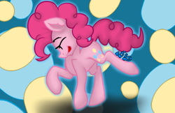 Size: 510x330 | Tagged: safe, artist:cosmicartist-2000, pinkie pie, earth pony, pony, g4, abstract background, eyes closed, female, mare, solo