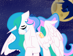 Size: 430x330 | Tagged: safe, artist:cosmicartist-2000, princess celestia, princess luna, alicorn, pony, g4, banishment, crying, eyes closed, female, mare, mare in the moon, missing accessory, moon, sad