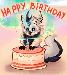 Size: 2658x2981 | Tagged: safe, artist:krapinkaius, artist:polnocnykot, oc, oc only, oc:kirifilin, bird, hybrid, kirin, owl, pony, aurora borealis, beak, birthday, birthday cake, cake, candle, collaboration, cute, ear tufts, feather, fire, fluffy, food, happy birthday, horn, magic, male, scales, scar, sitting, stallion, stallion oc