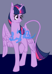 Size: 543x770 | Tagged: safe, artist:cosmicartist-2000, twilight sparkle, alicorn, pony, g4, female, leonine tail, mare, obtrusive watermark, partially open wings, raised hoof, solo, tail, twilight sparkle (alicorn), watermark, wings