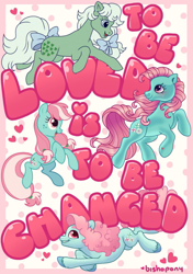 Size: 817x1159 | Tagged: safe, artist:bishopony, minty, minty (g1), minty (g4), minty (g5), earth pony, pony, g1, g3, g4, g5, bow, female, g1 to g3, g1 to g4, g1 to g5, g3 to g4, g3 to g5, g4 to g5, generation leap, hair bow, mare, tail, tail bow, unshorn fetlocks, zine:fanzines r magic volume 1