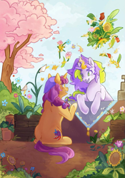 Size: 817x1169 | Tagged: safe, artist:clothed_daffodil, oc, oc only, pony, unicorn, duo, female, flower, garden, horn, looking at each other, looking at someone, magic, mare, telekinesis, zine:fanzines r magic volume 1