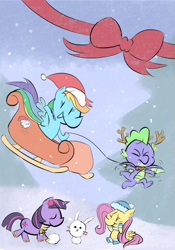 Size: 817x1169 | Tagged: safe, artist:ragtagstuff, fluttershy, spike, twilight sparkle, dragon, pegasus, pony, unicorn, g4, bell, bell collar, christmas, clothes, collar, female, gloves, hat, holiday, hoof shoes, male, mare, santa hat, santa's sleigh, scarf, sleigh, snow, snowfall, snowman, unicorn twilight, zine:fanzines r magic volume 1