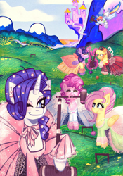 Size: 817x1168 | Tagged: safe, artist:kaverde, applejack, fluttershy, pinkie pie, rainbow dash, rarity, twilight sparkle, alicorn, earth pony, pegasus, pony, unicorn, g4, blushing, canterlot, clothes, croquet, croquet mallet, dress, ear piercing, earring, female, flying, glasses, horn, jewelry, magic, mane six, mare, mouth hold, one eye closed, piercing, scenery, telekinesis, twilight sparkle (alicorn), wink, zine:fanzines r magic volume 1