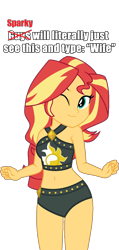 Size: 544x1146 | Tagged: safe, artist:mlpfan3991, artist:star-armour95, artist:yaya54320bases, edit, edited edit, sunset shimmer, oc, oc:flare spark, human, equestria girls, g4, bare shoulders, belly, belly button, canon x oc, cute, female, lesbian, meme, midriff, one eye closed, shimmerbetes, ship:flareset, shipping, simple background, solo, sunset shimmer's beach shorts swimsuit, teenager, text, transparent background, vector, waifu, wife, wink