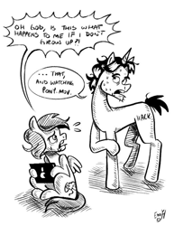 Size: 817x1057 | Tagged: safe, artist:booogerboyy, oc, oc only, pegasus, pony, unicorn, black and white, colt, dialogue, duo, foal, grayscale, horn, ipad, male, monochrome, simple background, sitting, speech bubble, tablet, white background, zine:fanzines r magic volume 1