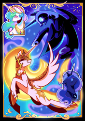 Size: 817x1159 | Tagged: safe, artist:lovebubb_, daybreaker, nightmare moon, princess celestia, princess luna, alicorn, pony, zine:fanzines r magic volume 1, g4, black sclera, duo, fangs, female, fight, helmet, hoof shoes, jewelry, mare, peytral, regalia