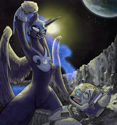 Size: 7399x7925 | Tagged: safe, artist:blvckmagic, nightmare moon, oc, oc:orion zephyr, alicorn, pegasus, pony, fanfic:somnambulance, g4, absurd resolution, armor, astronaut, cracked, crater, detailed background, earth, ethereal mane, ethereal tail, evil smile, eyeshadow, glass, imminent death, magic suppression, makeup, moon, painting, partially open wings, pegasus oc, peytral, pinned down, pinpoint eyes, rock, smiling, space helmet, spacesuit, spread wings, stars, sun, tail, terrified, wings