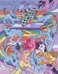 Size: 817x1046 | Tagged: safe, artist:twoprcentmilk, applejack, fluttershy, pinkie pie, rainbow dash, rarity, spike, twilight sparkle, dragon, earth pony, pegasus, pony, unicorn, zine:fanzines r magic volume 1, g4, checkered flag, female, flying, horn, jewelry, male, mane six, mare, medallion, necklace, rainbow, unicorn twilight