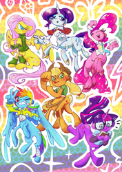 Size: 817x1155 | Tagged: safe, artist:scribble_chick, applejack, fluttershy, pinkie pie, rainbow dash, rarity, twilight sparkle, centaur, earth pony, pegasus, unicorn, taur, zine:fanzines r magic volume 1, g4, applejack's hat, bandage, book, clothes, cowboy hat, ear piercing, earring, female, glasses, hat, hoodie, horn, jewelry, leg warmers, mane six, piercing, shirt, sweater