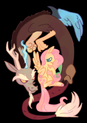 Size: 817x1159 | Tagged: safe, artist:raineydayess, discord, fluttershy, draconequus, pegasus, pony, g4, black background, blushing, duo, duo male and female, female, male, mare, pink hooves, simple background, zine:fanzines r magic volume 1